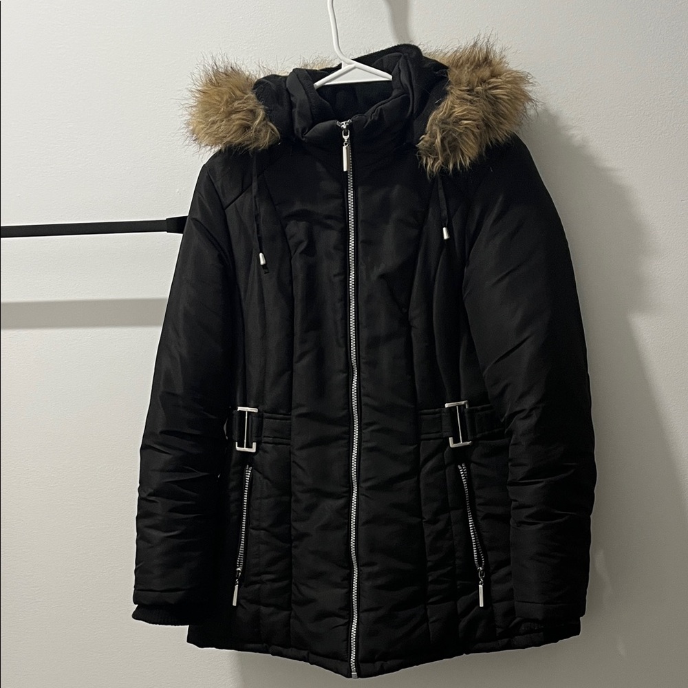 Liz Claiborne Black Puffer Coat with Fur Trim